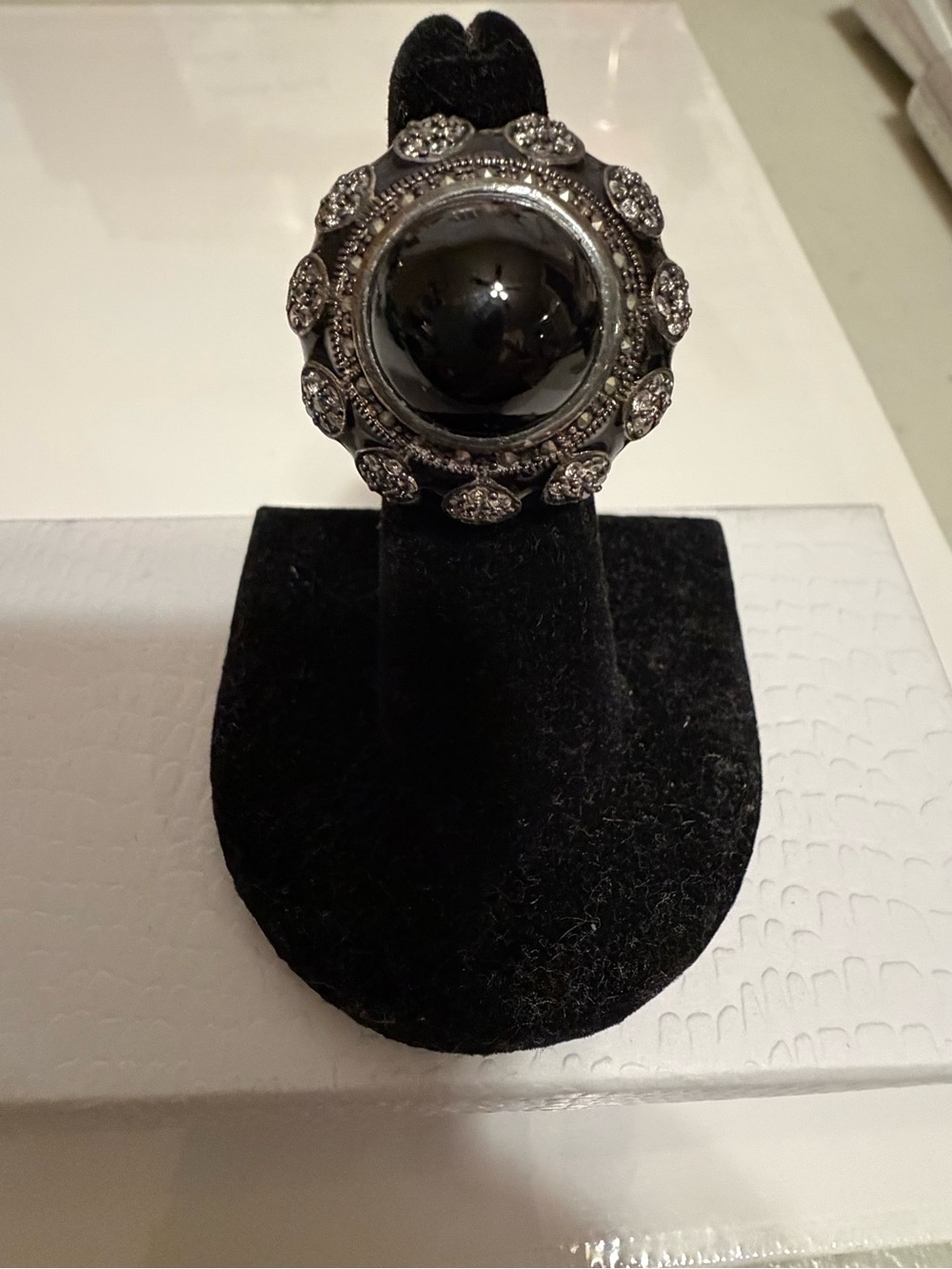 Art Deco Vintage marcasite with black Onyx sterling silver cocktail ring